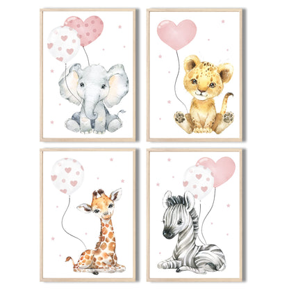 Kinderzimmerposter_Safari_Tiere_Luftballons_A4_4er_Set_rosa