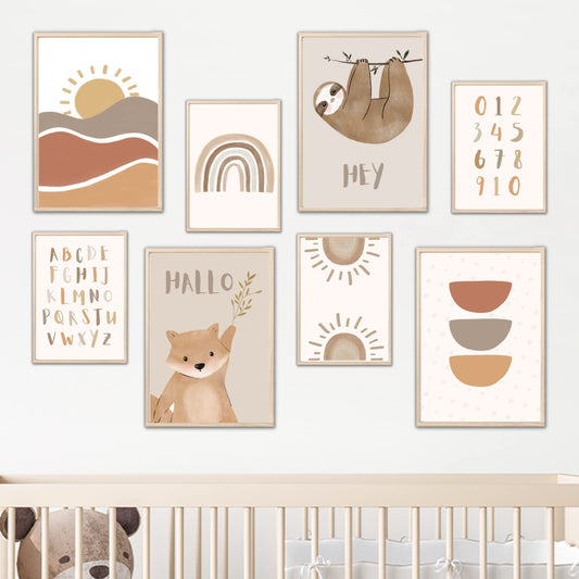 Kinderzimmerposter_Faultier_Bär_A4_A5_8er_Set