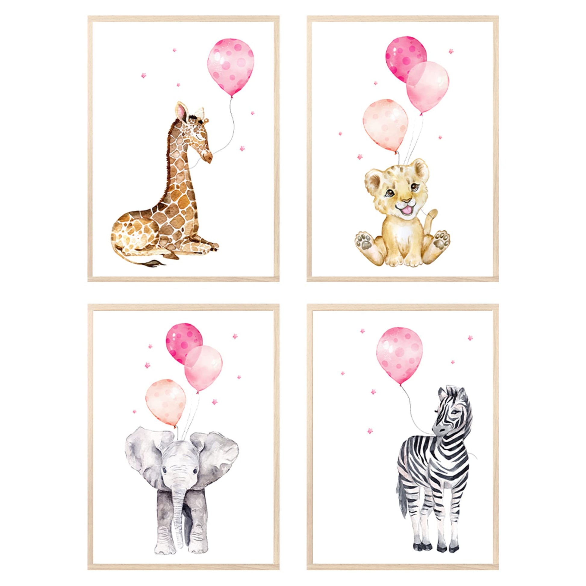 Kinderzimmerposter_Safari_Tiere_Luftballons_A4_4er_Set_rosa