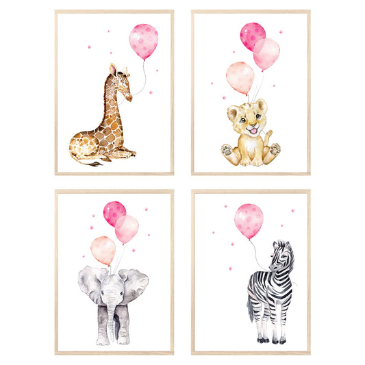 Kinderzimmerposter_Safari_Tiere_Luftballons_A4_4er_Set_rosa