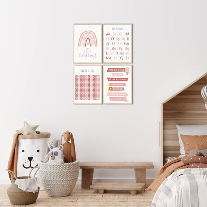 Kinderzimmerposter_Lernposter_Einschulung_A4_4er_Set_rosa