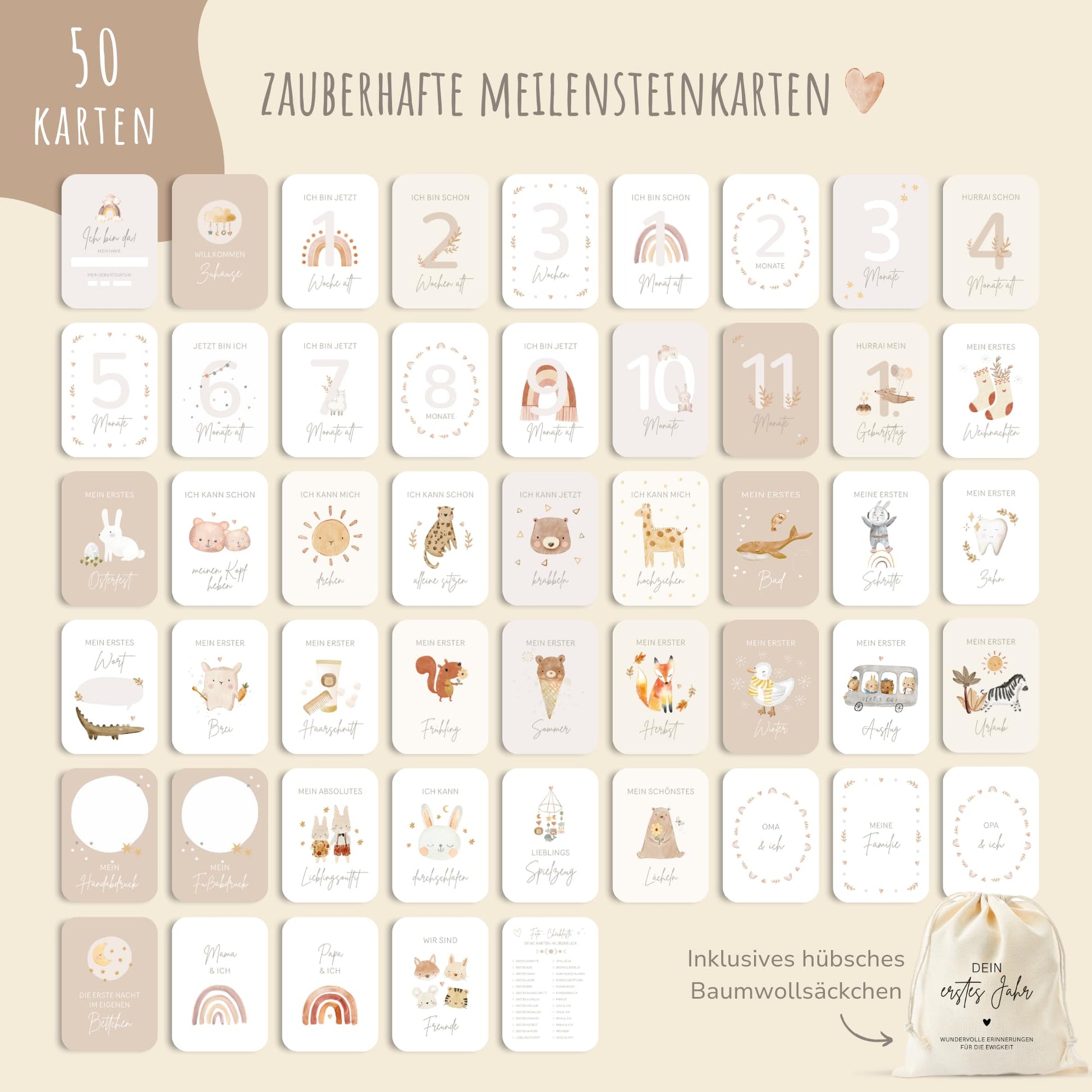 50_Meilensteinkarten_Baby_Dein_erstes_Jahr_boho_beige