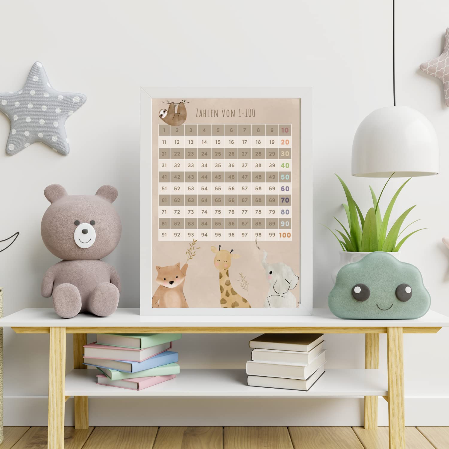 Kinderzimmerposter_Lernposter_Zahlen_1_bis_100_Süße_Tiere_A4_beige