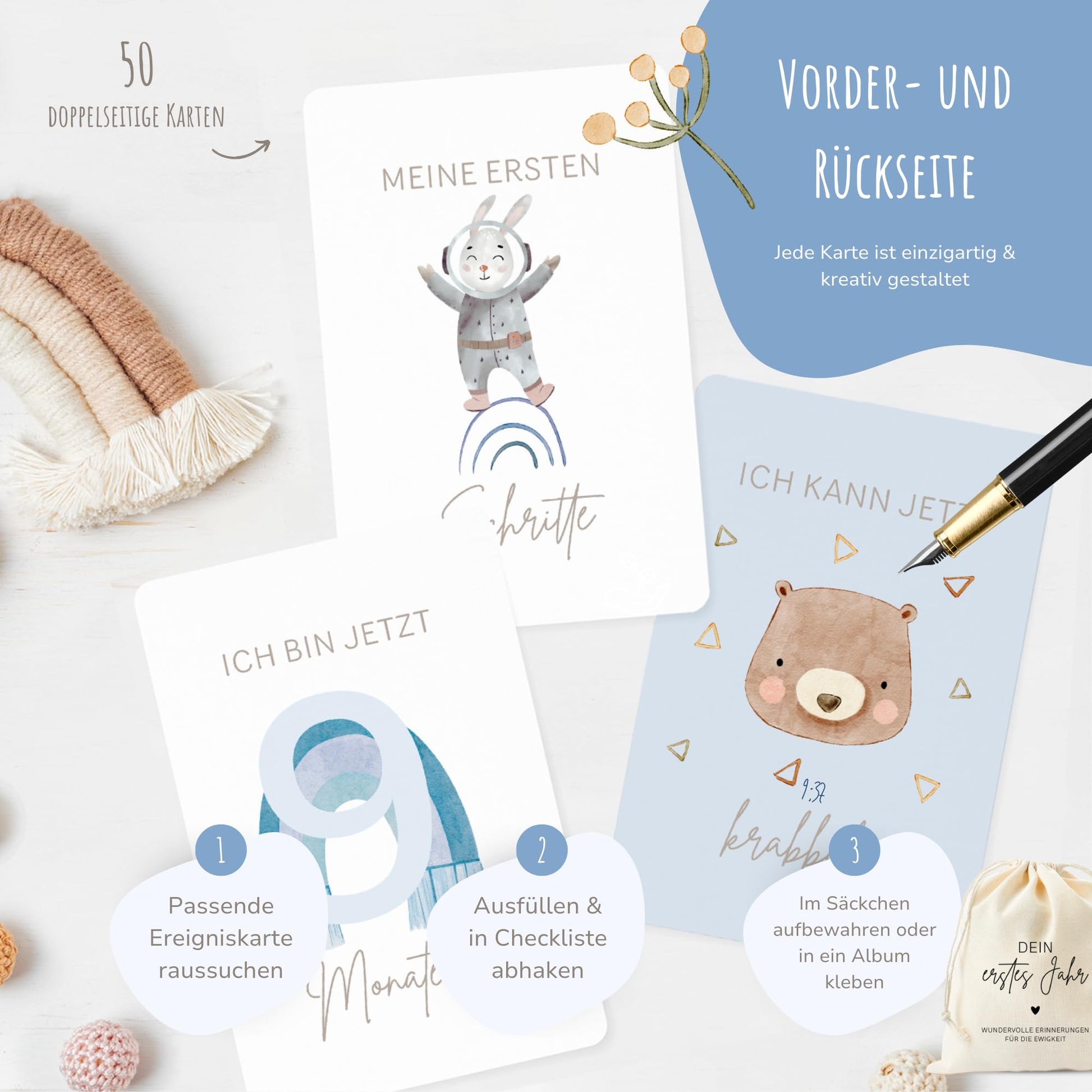 50_Meilensteinkarten_Baby_Dein_erstes_Jahr_boho_blau