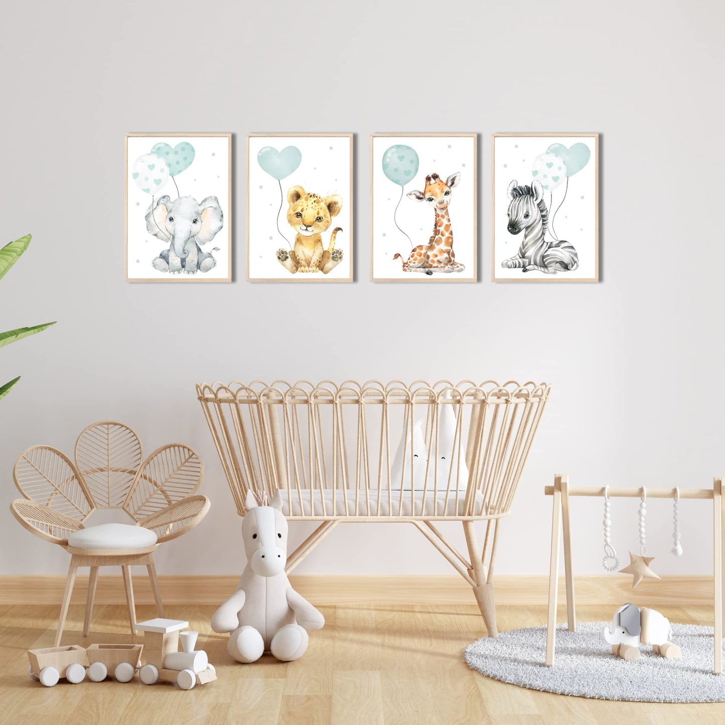 Kinderzimmerposter_Safari_Tiere_Luftballons_A4_4er_Set_mint