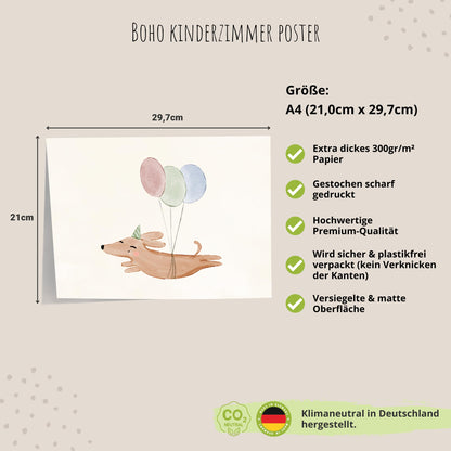 Kinderzimmerposter_boho_A4_süßer_Hund_mit_Luftballons