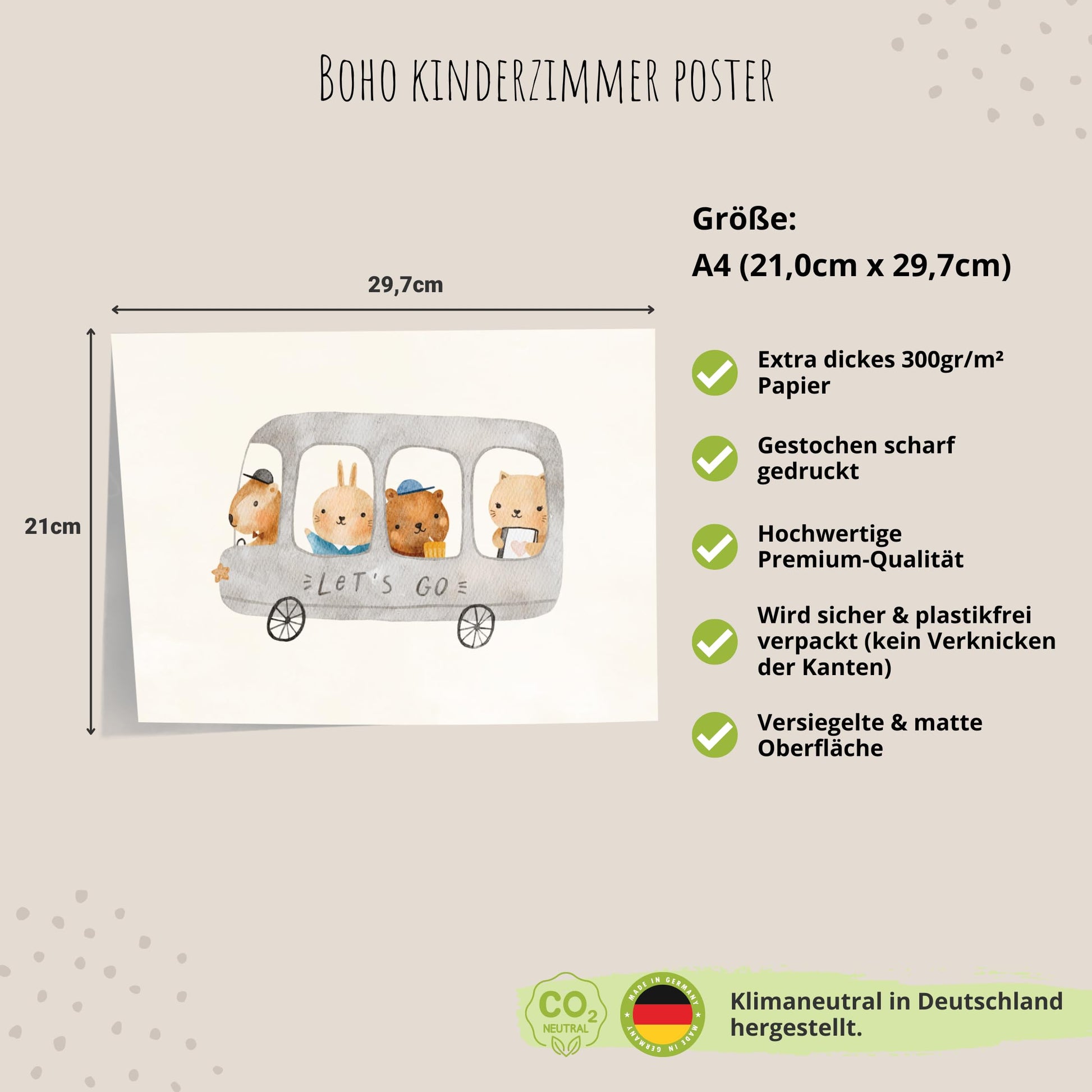 Kinderzimmerposter_boho_A4_süßer_Bus_mit_Tieren