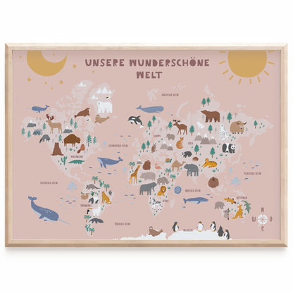 Kinderzimmerposter_Lernposter_Weltkarte_A2_rosa