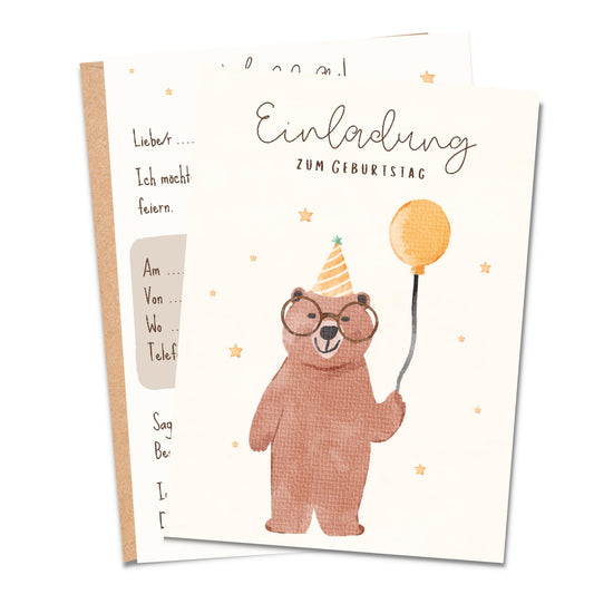 Einladungskarten_Kindergeburtstag_Bär_mit_Luftballon_und_Brille