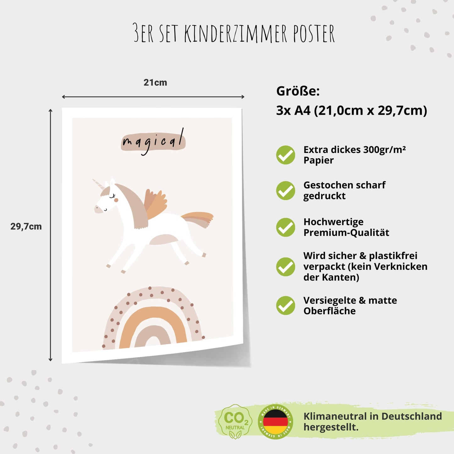 Kinderzimmerposter_Einhörner_beige_A4_3er_Set