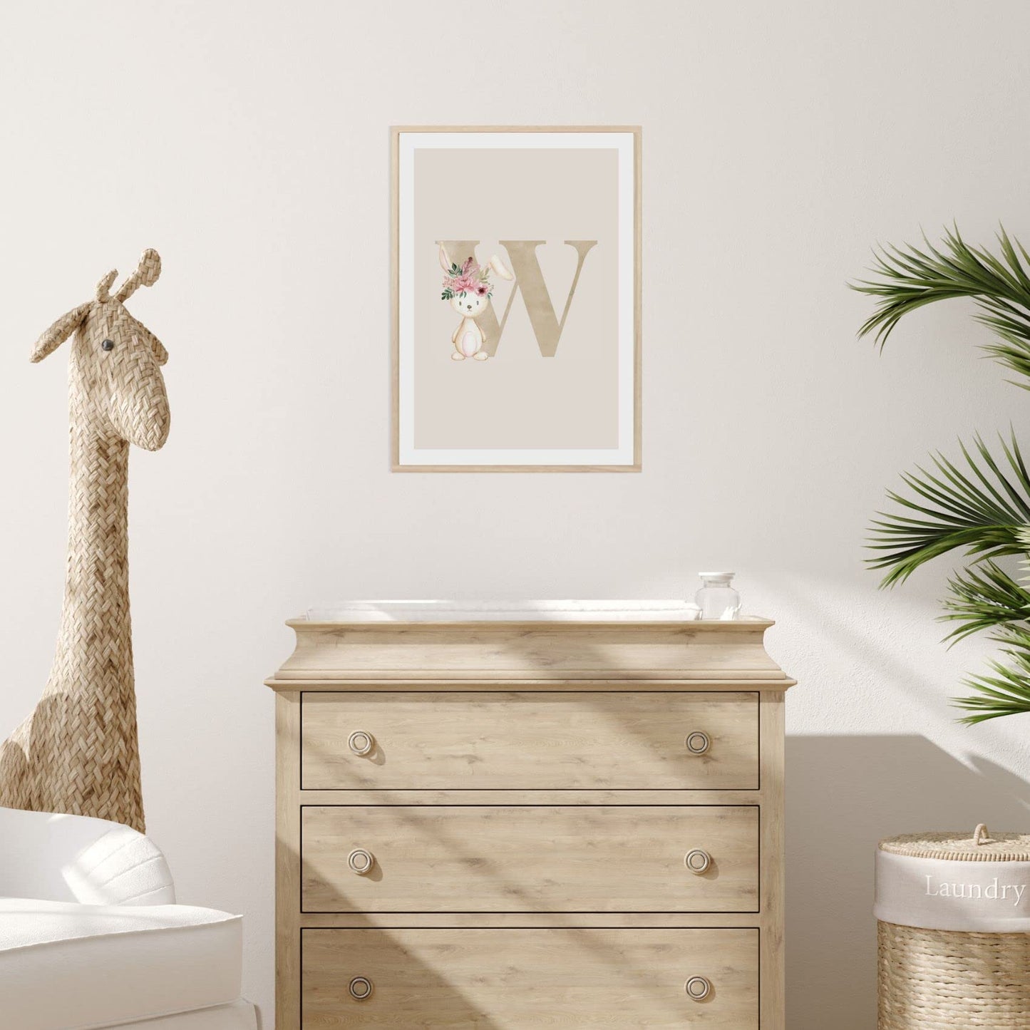 Kinderzimmerposter_Anfangsbuchstabe_beige_Hase_boho_W