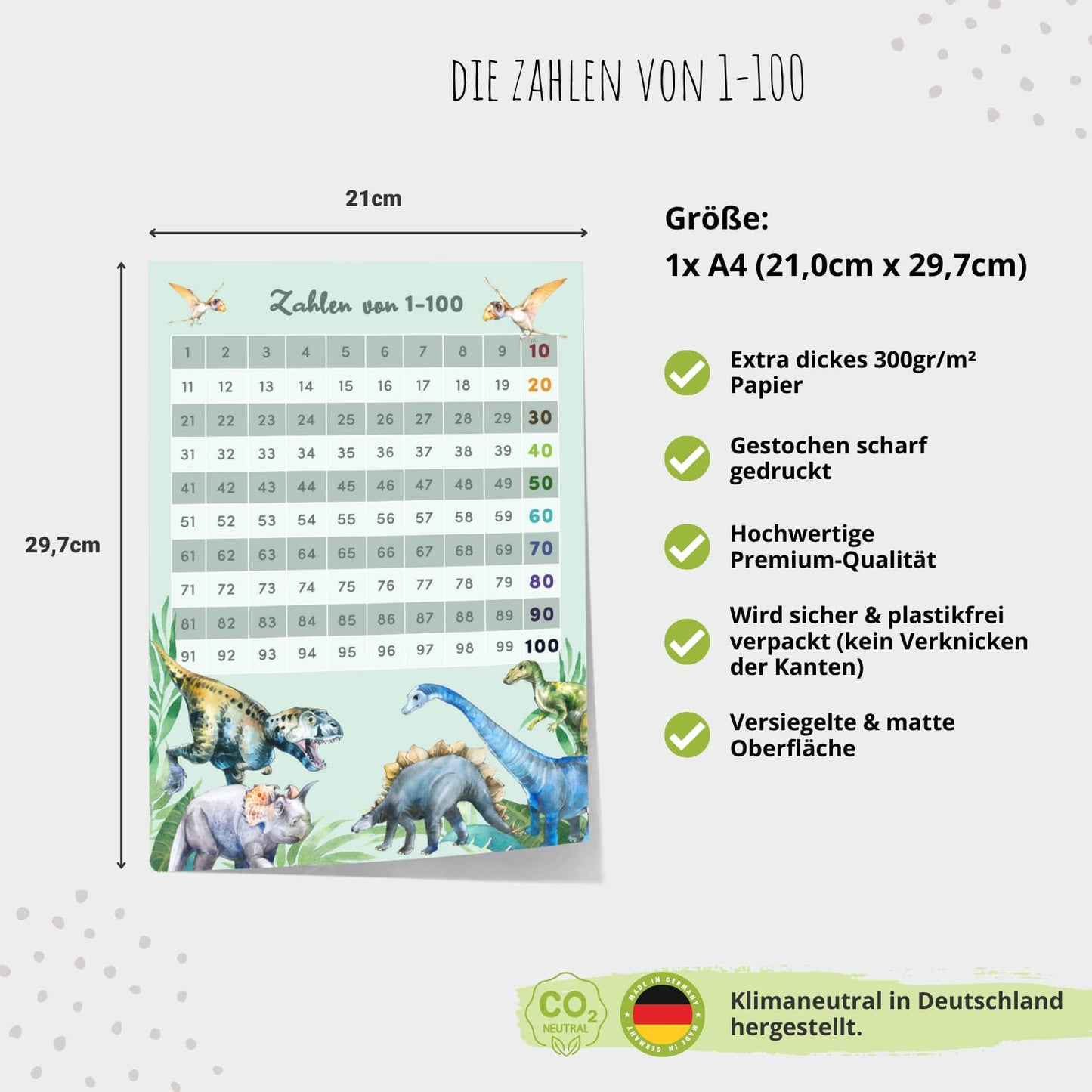 Kinderzimmerposter_Lernposter_Zahlen_1_bis_100_Dinos_A4_grün