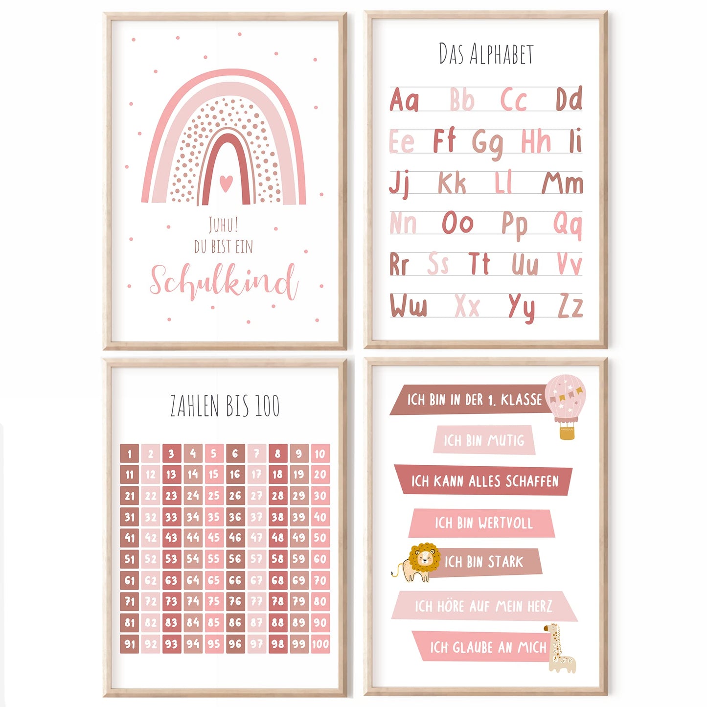 Kinderzimmerposter_Lernposter_Einschulung_A4_4er_Set_rosa