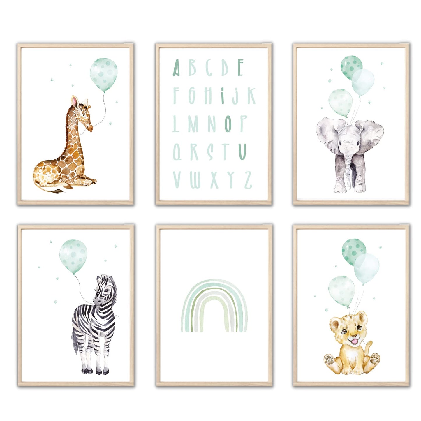 Kinderzimmerposter_Safari_Tiere_Luftballon_A4_6er_Set_mint