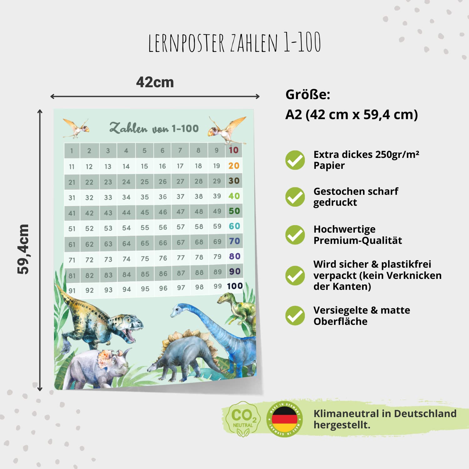 Kinderzimmerposter_Lernposter_Zahlen_1_bis_100_Dinos_A2_grün