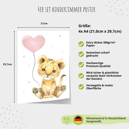 Kinderzimmerposter_Safari_Tiere_Luftballons_A4_4er_Set_rosa