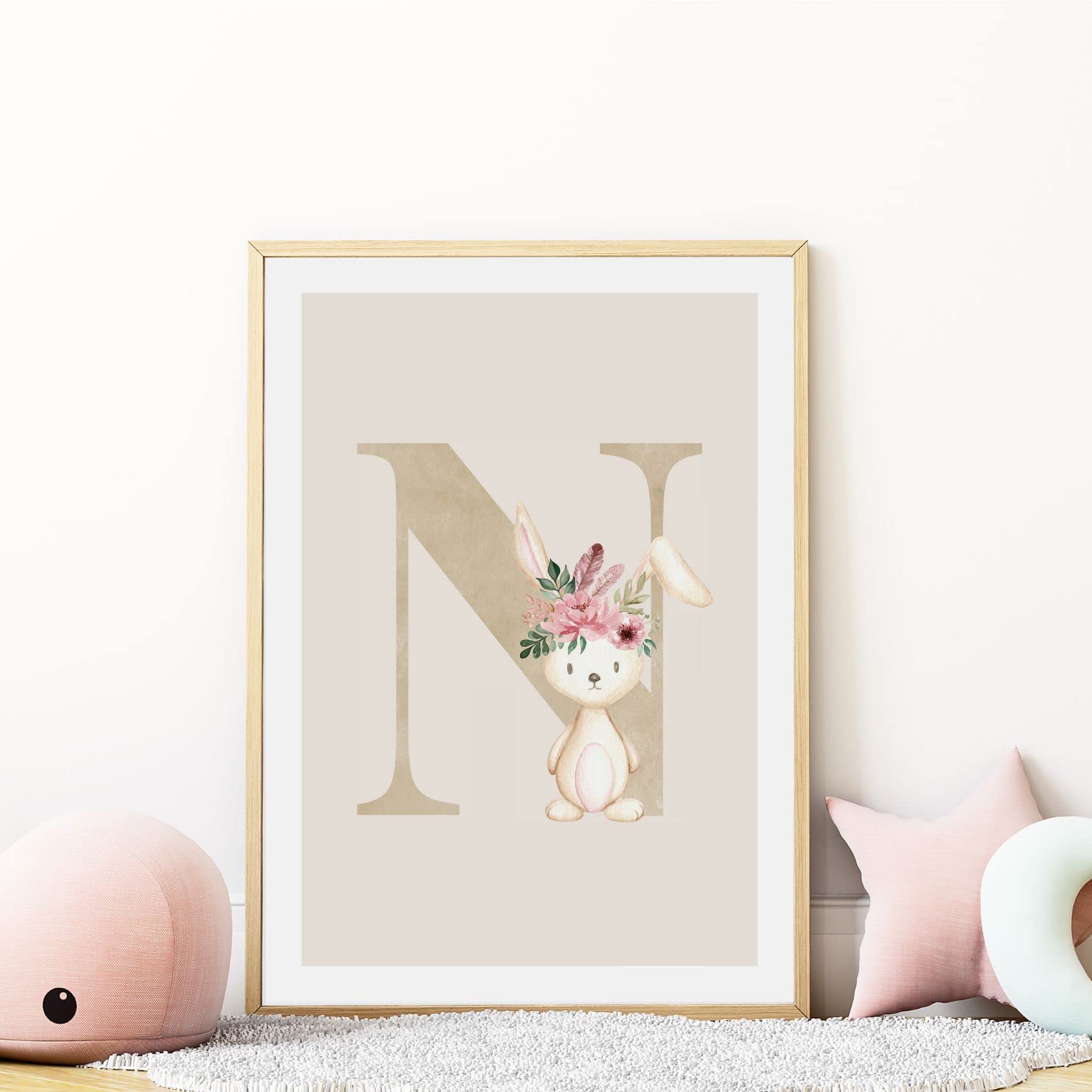 Kinderzimmerposter_Anfangsbuchstabe_beige_Hase_boho_N