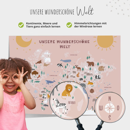 Kinderzimmerposter_Lernposter_Weltkarte_A2_rosa