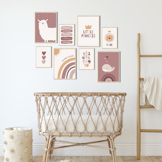 Kinderzimmerposter_Alpaka_boho_rosa_A4_A5_8er_Set