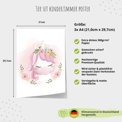 Kinderzimmerposter_Einhörner_pink_A4_3er_Set