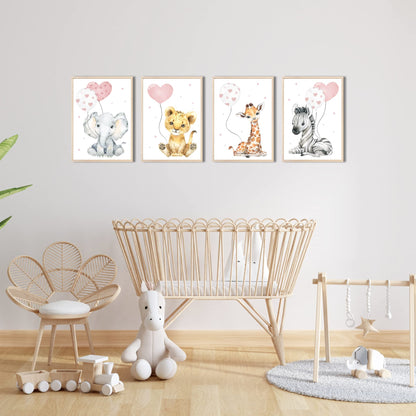 Kinderzimmerposter_Safari_Tiere_Luftballons_A4_4er_Set_rosa