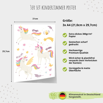 Kinderzimmerposter_Einhörner_pink_A4_3er_Set