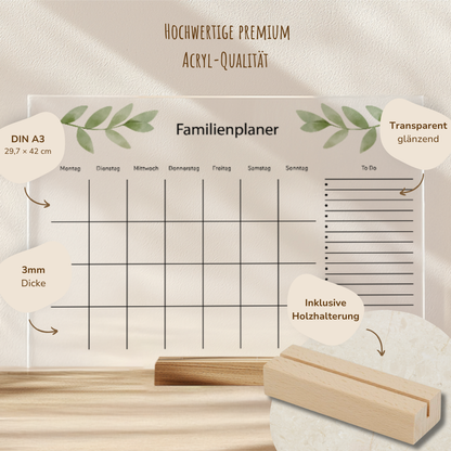 Familienplaner aus Acryl inkl. Holzhalterung