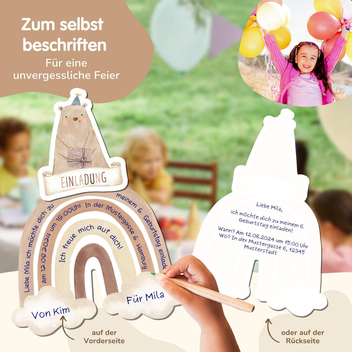 Einladungskarten_zum_basteln_süßer_Bär_auf_Regenbogen_beige