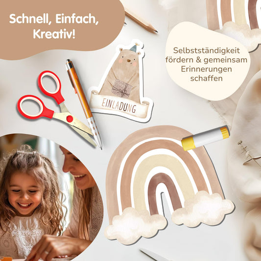 Einladungskarten_zum_basteln_süßer_Bär_auf_Regenbogen_beige