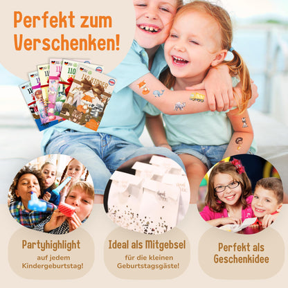 Hauttattoos_Kinder_6er_Set_Monster_Bagger_Piraten_Dinos_Einhörner_Meerjungfrauen_Süße_Tiere