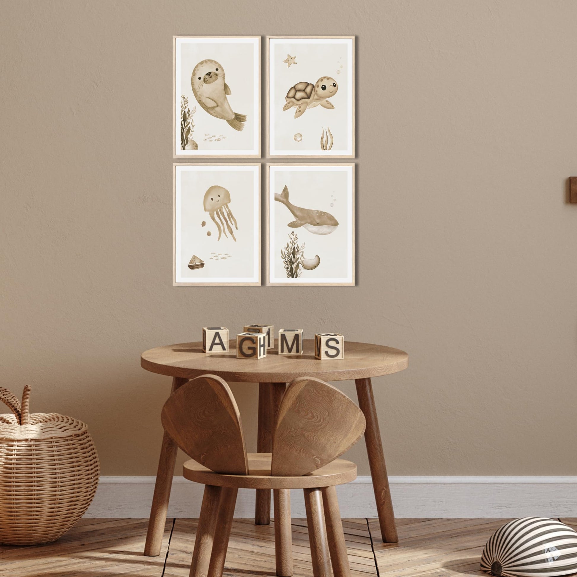 Kinderzimmerposter_Unterwasserwelt_beige_A4_4er_Set