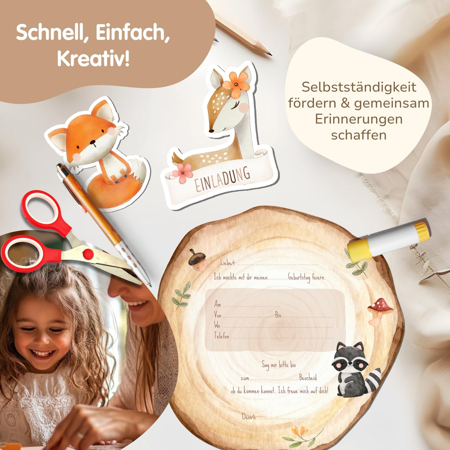 Einladungskarten_zum_basteln_süßes_Reh_Fuchs_Waldtiere_braun_beige