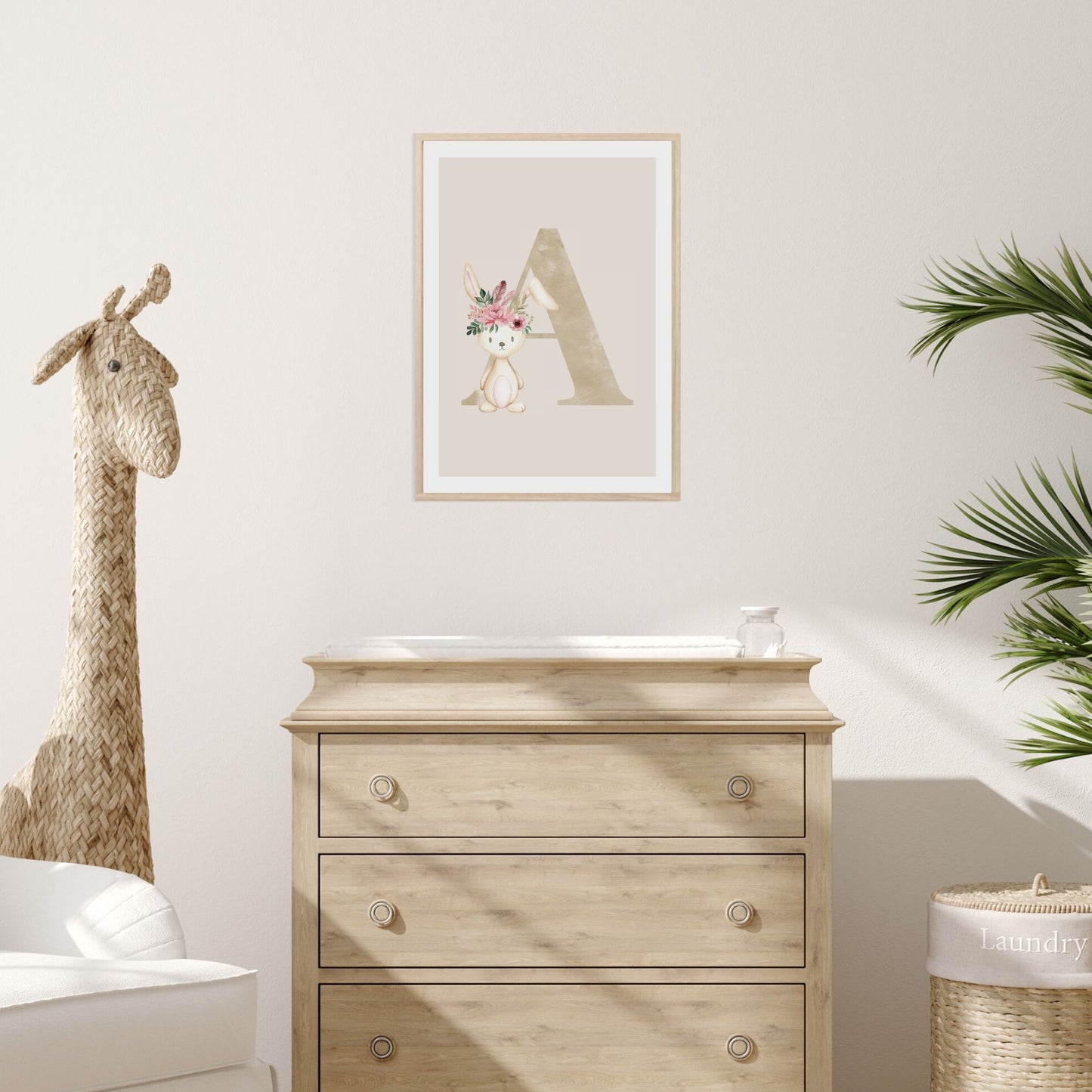 Kinderzimmerposter_Anfangsbuchstabe_beige_Hase_boho_A